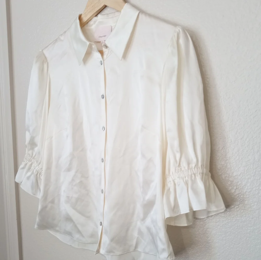 Cinq à Sept Silk Fiona Satin Cinched Sleeve Blouse Top Ivory